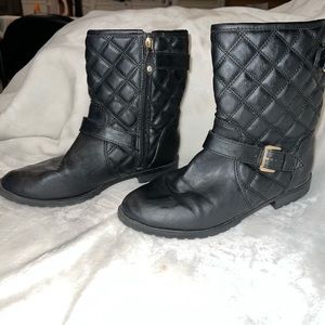 Womens black booties gold accents